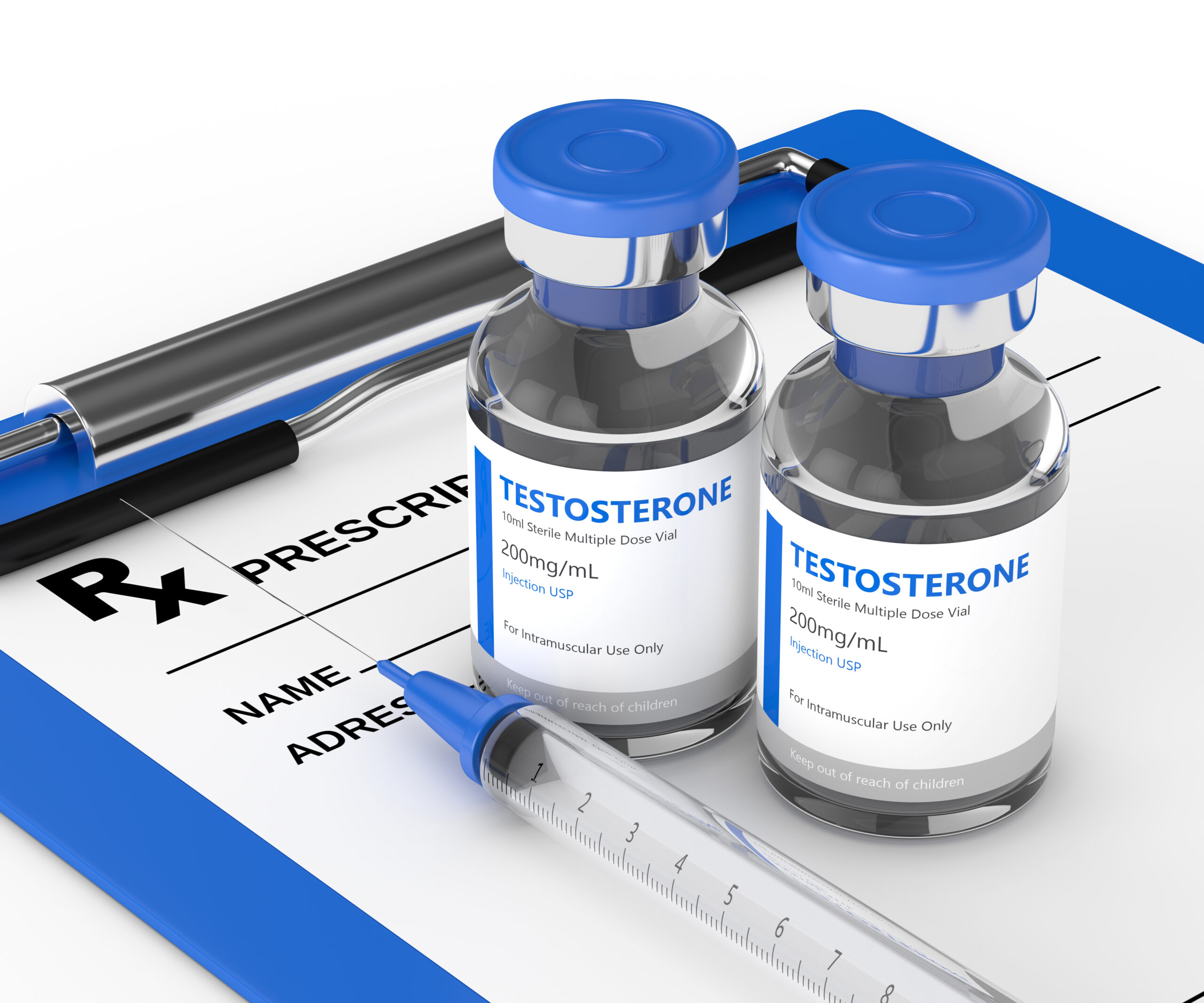 3d,Render,Of,Testosterone,Injection,Vials,With,Syringe,Over,White TRT Treatment